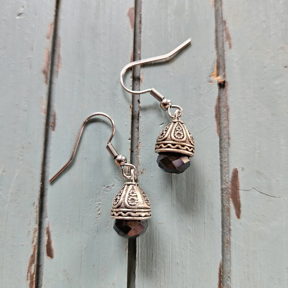 Handmade Black Glass and Silver Nepalese Cap Stainless Steel Earrings